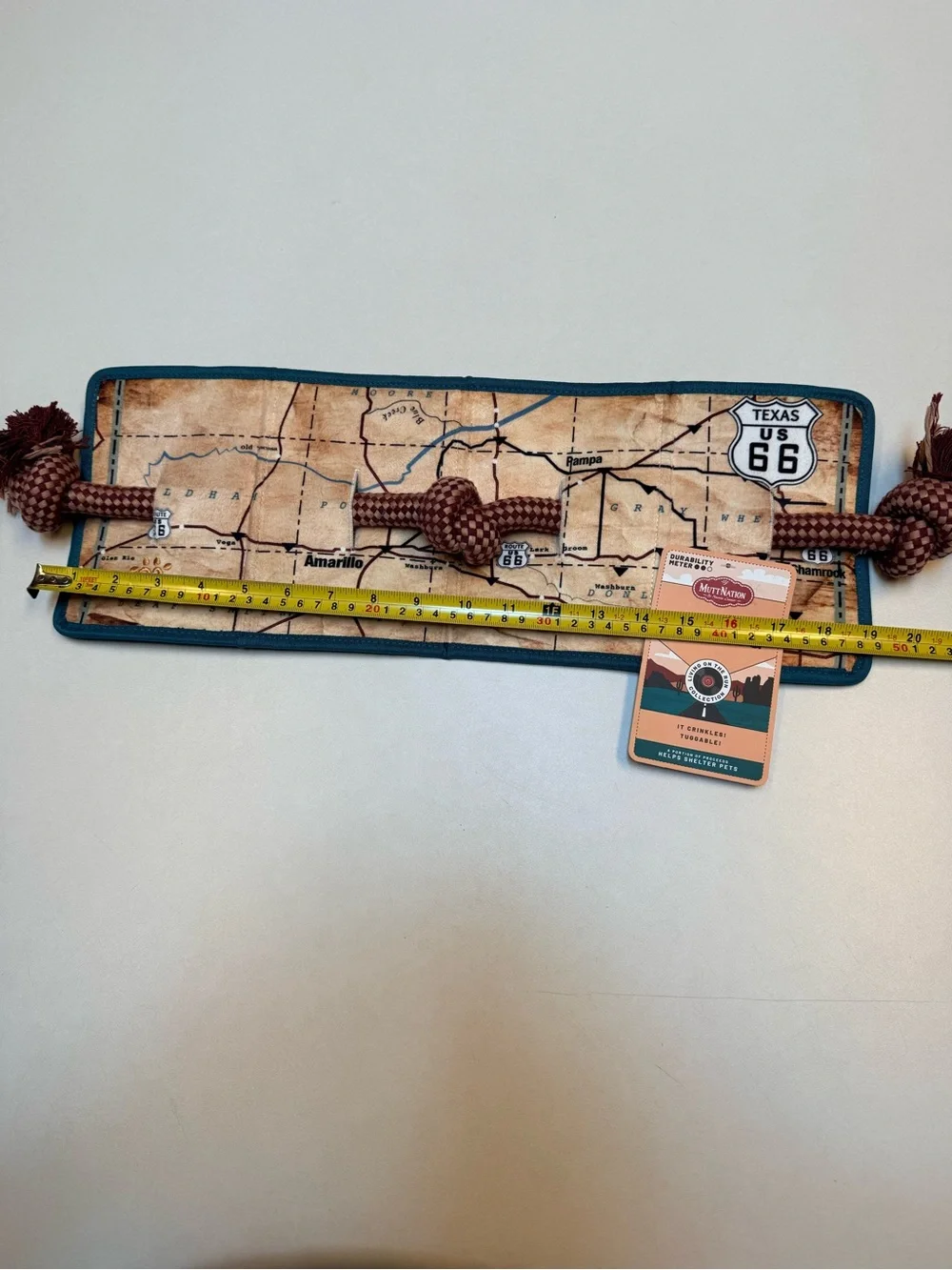 Map-Print Tug Toy with Teal Trim and Brown Rope